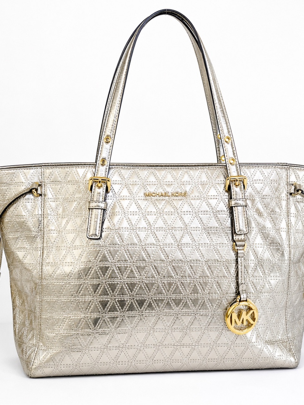 Michael Kors Voyager Specchio Silver Metallic Large Tote MK Logo Shoulder Bag